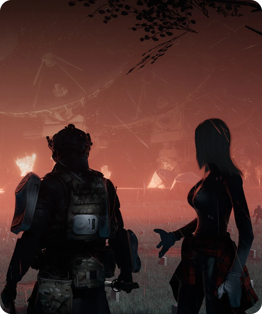 Characters in a red-lit town